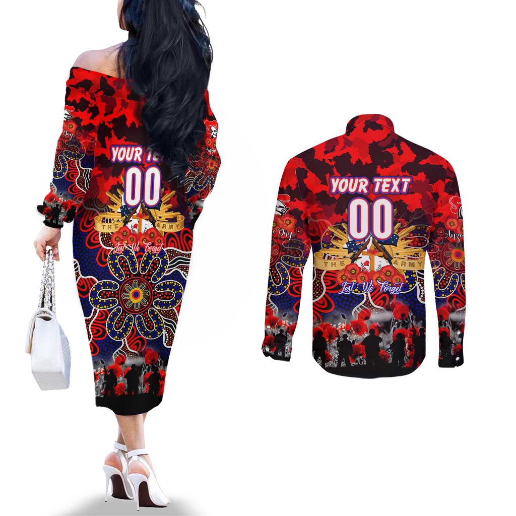 Personalized Knights ANZAC Day Couples Matching Off The Shoulder Long Sleeve Dress and Long Sleeve Button Shirt Australian Army - Lest We Forget
