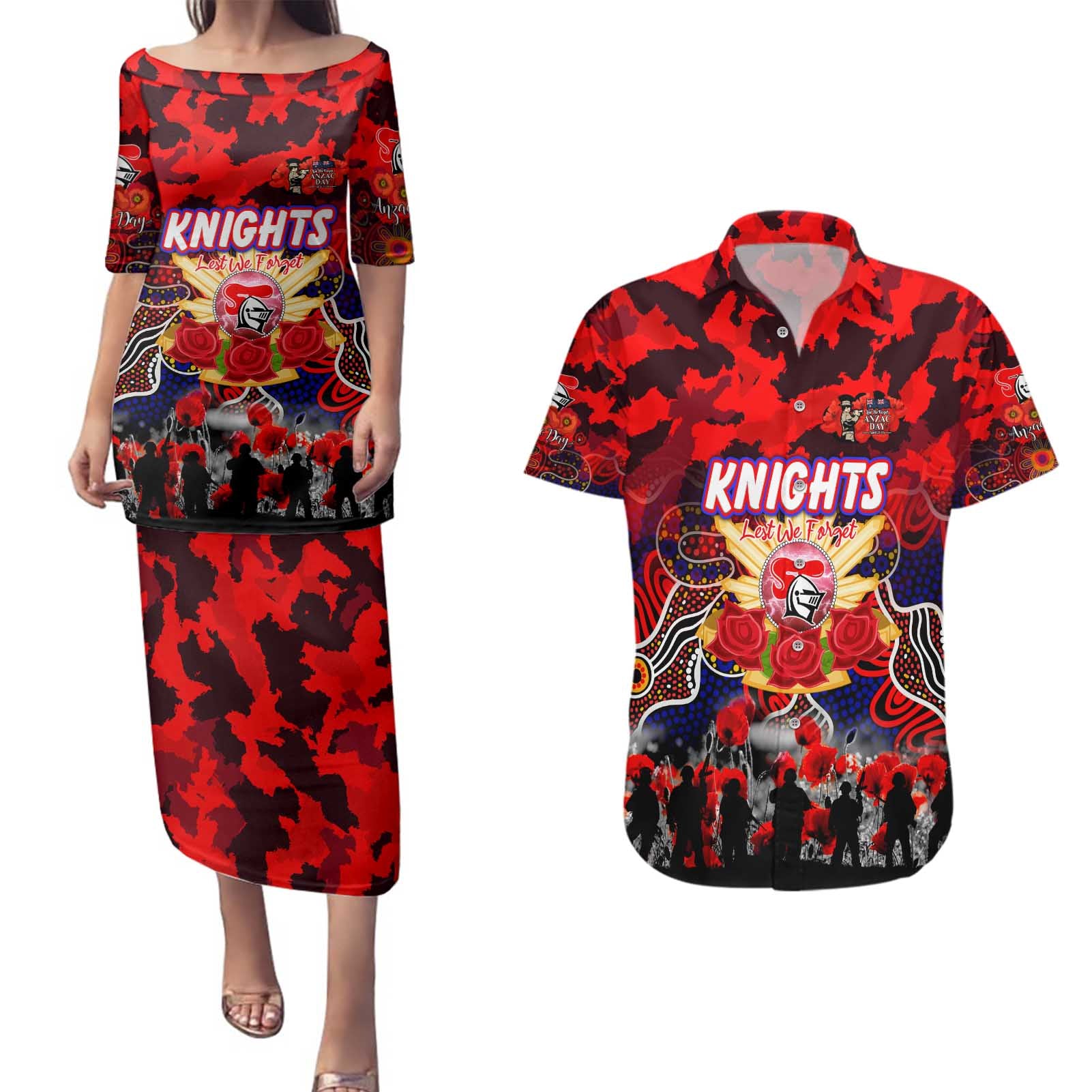Personalized Knights ANZAC Day Couples Matching Puletasi and Hawaiian Shirt Australian Army - Lest We Forget