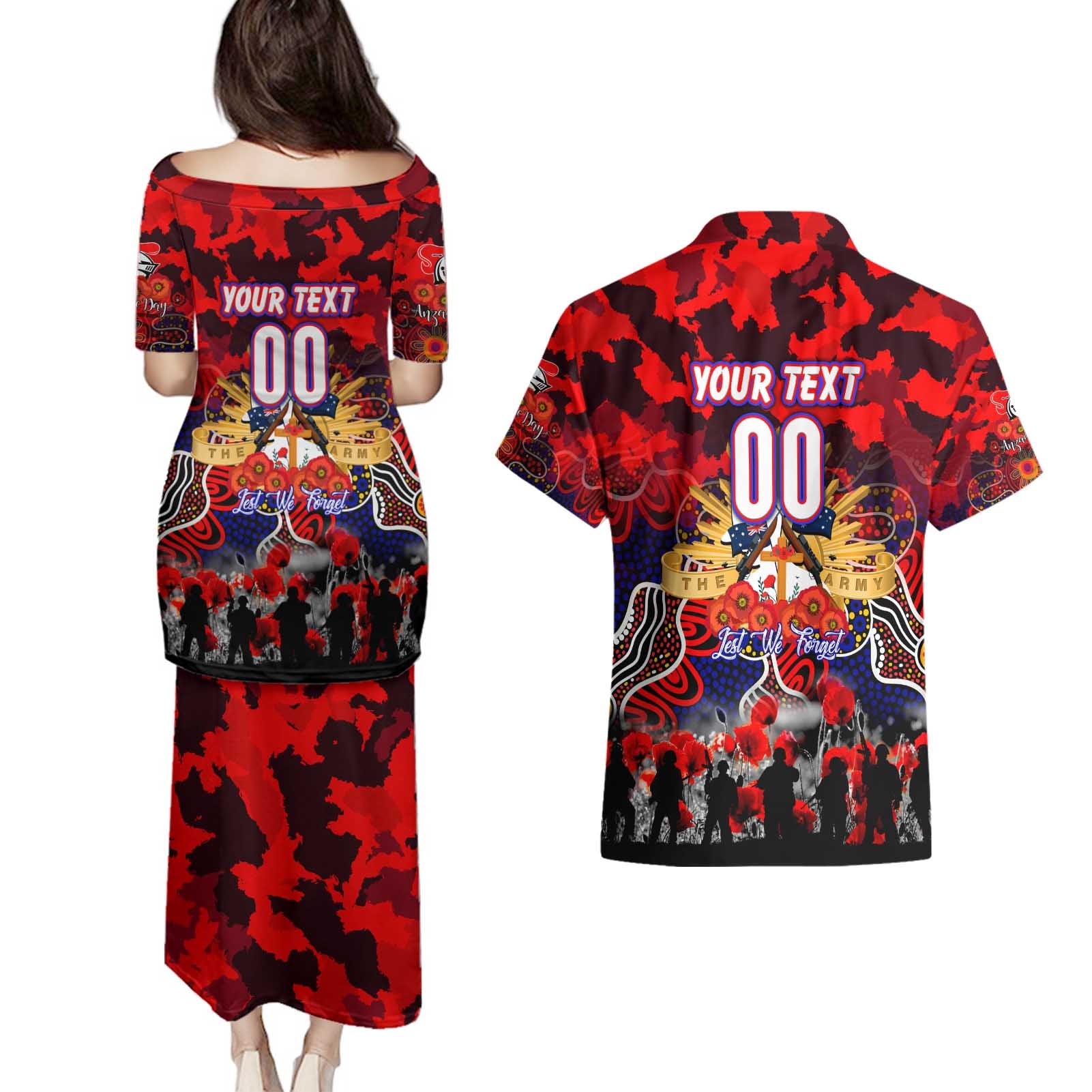 Personalized Knights ANZAC Day Couples Matching Puletasi and Hawaiian Shirt Australian Army - Lest We Forget