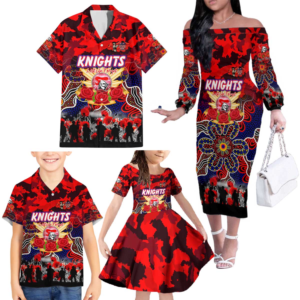 Personalized Knights ANZAC Day Family Matching Off The Shoulder Long Sleeve Dress and Hawaiian Shirt Australian Army - Lest We Forget