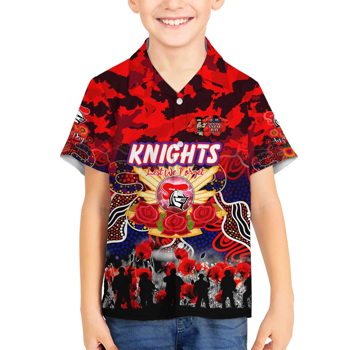 Personalized Knights ANZAC Day Family Matching Off The Shoulder Long Sleeve Dress and Hawaiian Shirt Australian Army - Lest We Forget