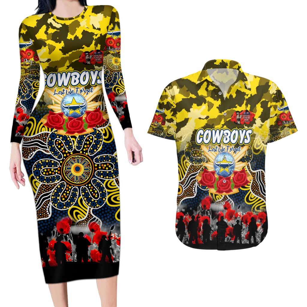 Personalized Cowboys ANZAC Day Couples Matching Long Sleeve Bodycon Dress and Hawaiian Shirt Australian Army - Lest We Forget