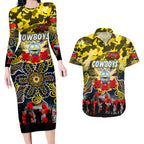 Personalized Cowboys ANZAC Day Couples Matching Long Sleeve Bodycon Dress and Hawaiian Shirt Australian Army - Lest We Forget