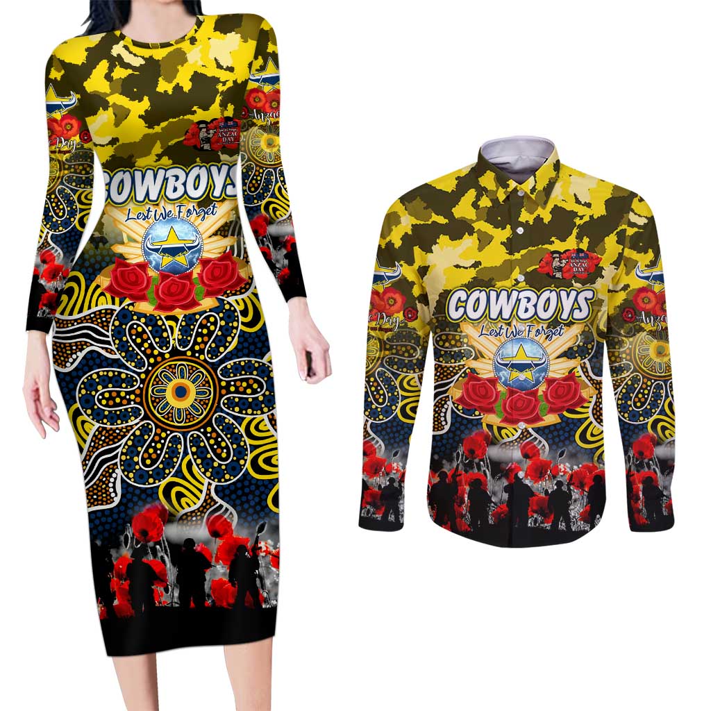 Personalized Cowboys ANZAC Day Couples Matching Long Sleeve Bodycon Dress and Long Sleeve Button Shirt Australian Army - Lest We Forget
