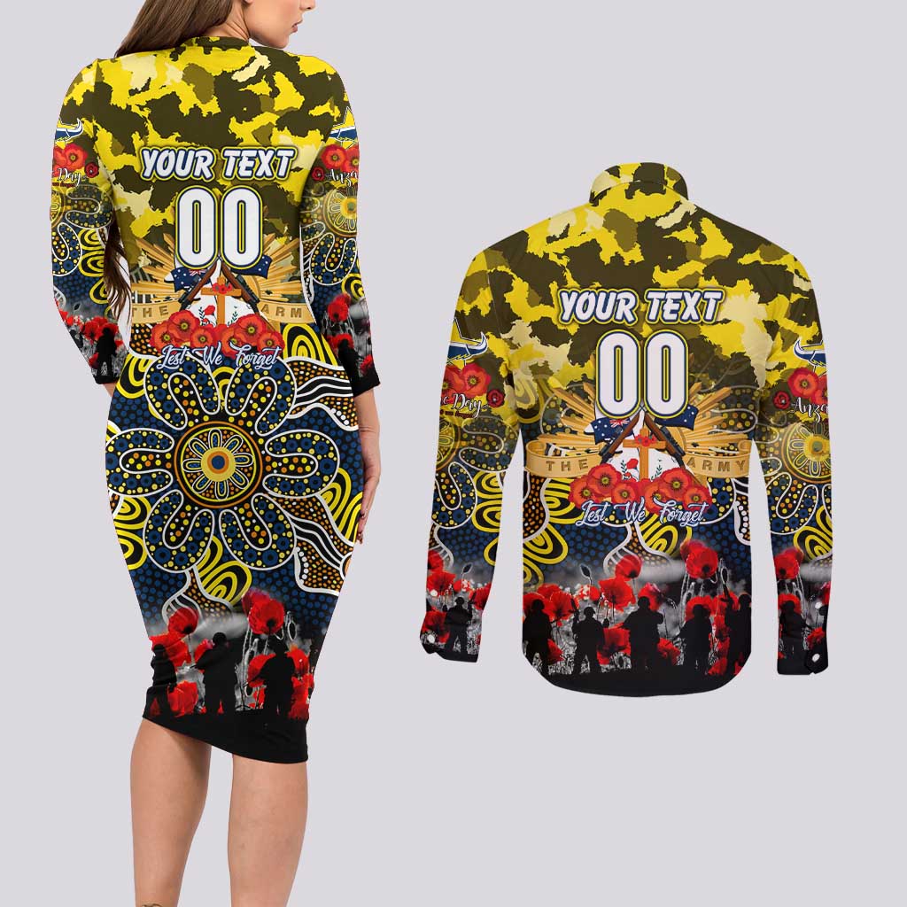 Personalized Cowboys ANZAC Day Couples Matching Long Sleeve Bodycon Dress and Long Sleeve Button Shirt Australian Army - Lest We Forget