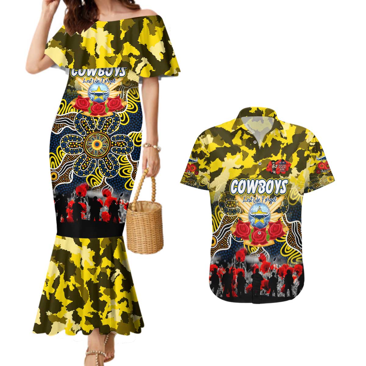 Personalized Cowboys ANZAC Day Couples Matching Mermaid Dress and Hawaiian Shirt Australian Army - Lest We Forget
