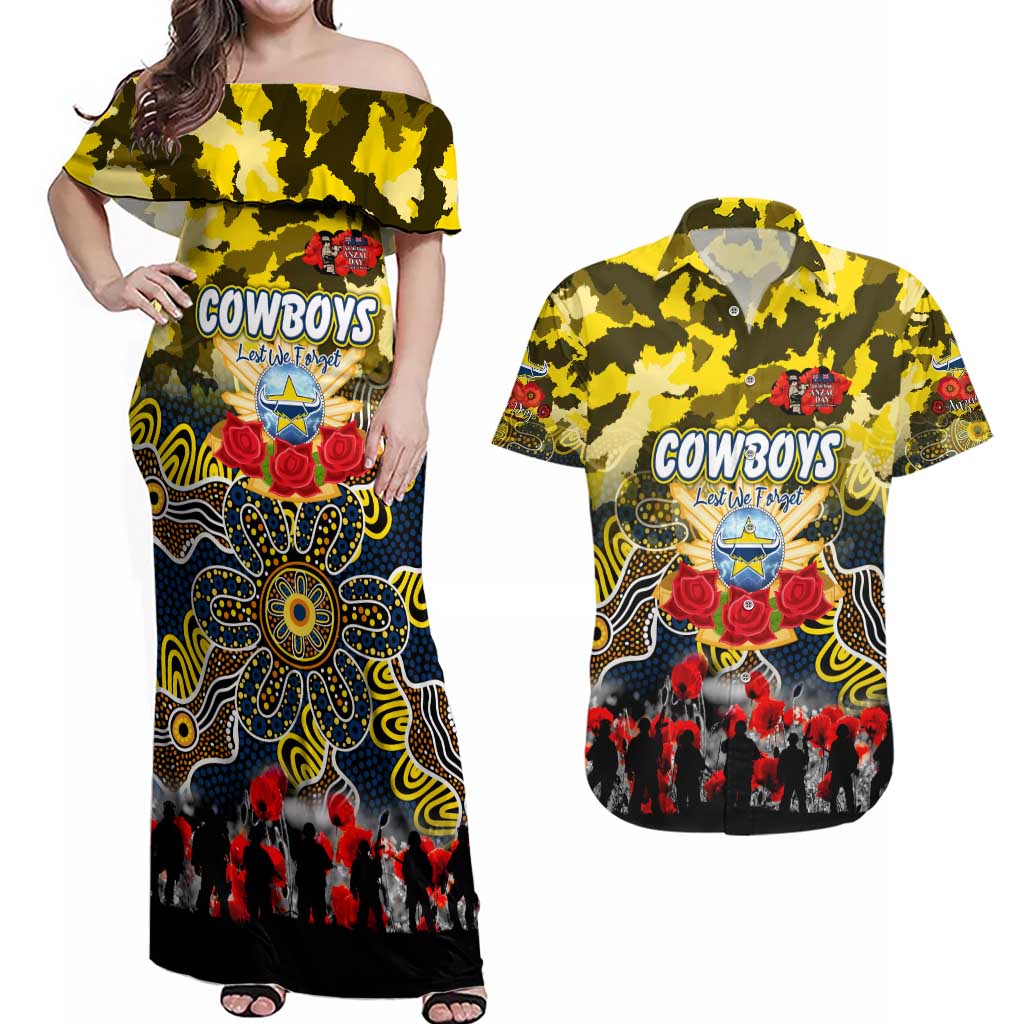 Personalized Cowboys ANZAC Day Couples Matching Off Shoulder Maxi Dress and Hawaiian Shirt Australian Army - Lest We Forget