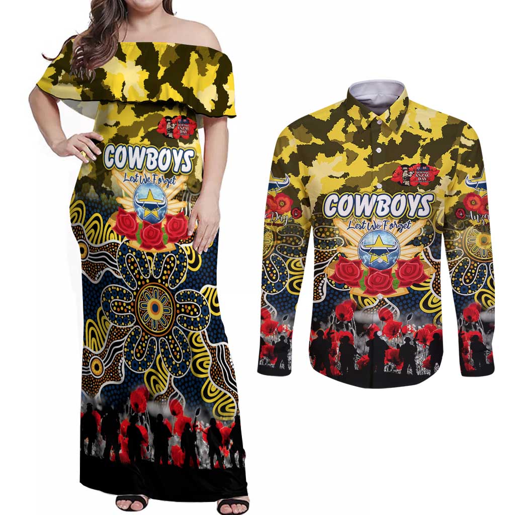 Personalized Cowboys ANZAC Day Couples Matching Off Shoulder Maxi Dress and Long Sleeve Button Shirt Australian Army - Lest We Forget