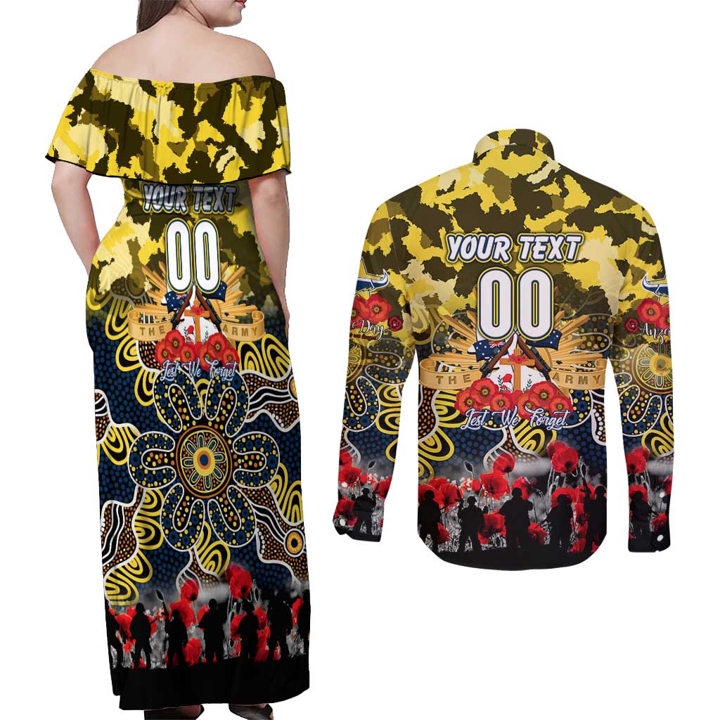Personalized Cowboys ANZAC Day Couples Matching Off Shoulder Maxi Dress and Long Sleeve Button Shirt Australian Army - Lest We Forget
