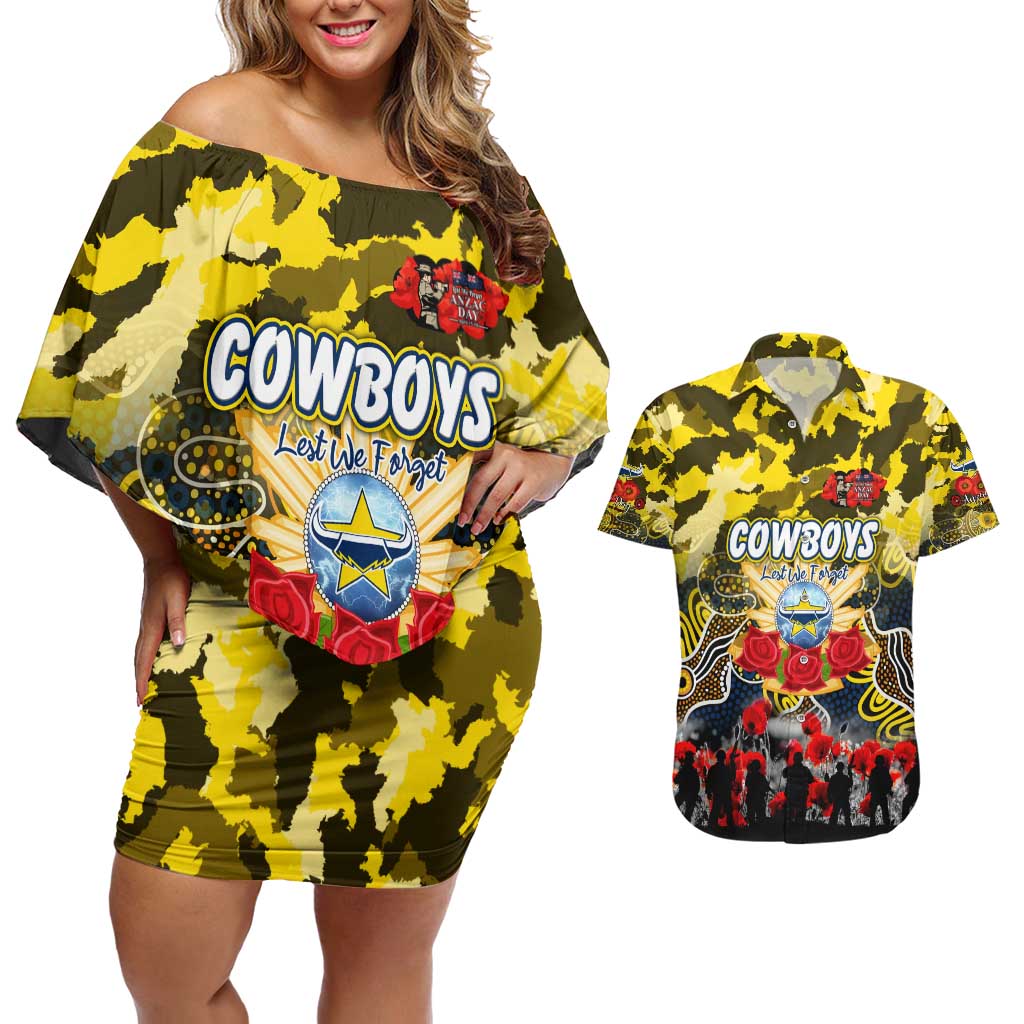 Personalized Cowboys ANZAC Day Couples Matching Off Shoulder Short Dress and Hawaiian Shirt Australian Army - Lest We Forget