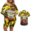 Personalized Cowboys ANZAC Day Couples Matching Off Shoulder Short Dress and Hawaiian Shirt Australian Army - Lest We Forget