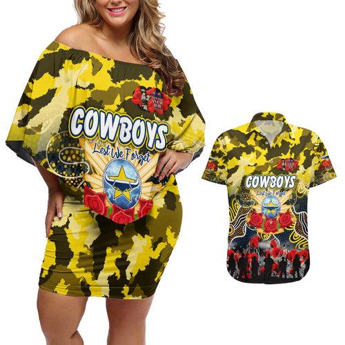 Personalized Cowboys ANZAC Day Couples Matching Off Shoulder Short Dress and Hawaiian Shirt Australian Army - Lest We Forget