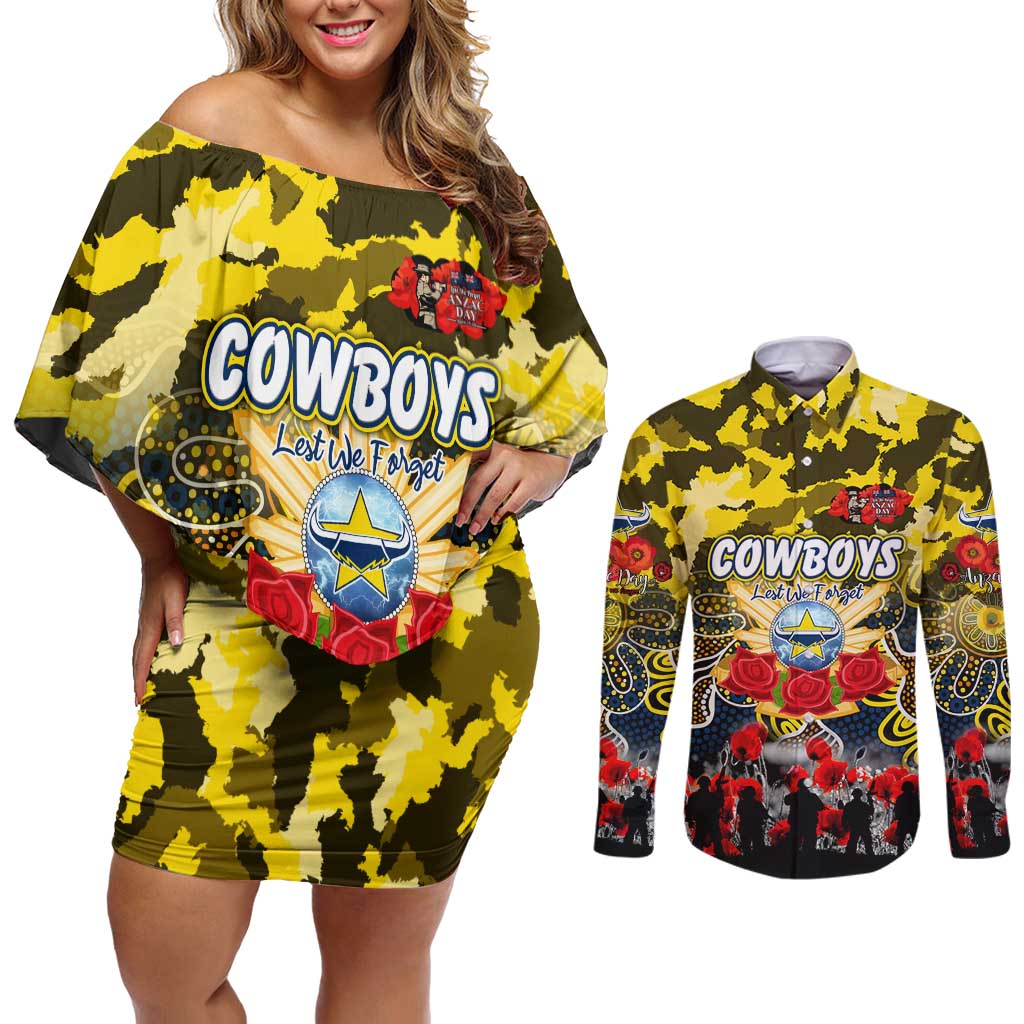Personalized Cowboys ANZAC Day Couples Matching Off Shoulder Short Dress and Long Sleeve Button Shirt Australian Army - Lest We Forget