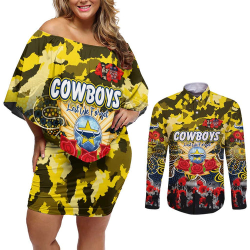 Personalized Cowboys ANZAC Day Couples Matching Off Shoulder Short Dress and Long Sleeve Button Shirt Australian Army - Lest We Forget