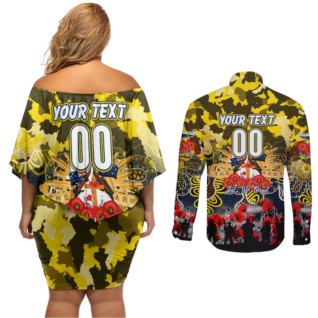 Personalized Cowboys ANZAC Day Couples Matching Off Shoulder Short Dress and Long Sleeve Button Shirt Australian Army - Lest We Forget
