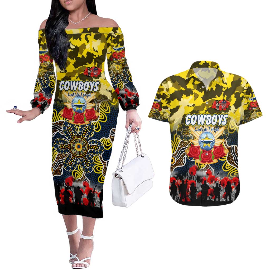 Personalized Cowboys ANZAC Day Couples Matching Off The Shoulder Long Sleeve Dress and Hawaiian Shirt Australian Army - Lest We Forget
