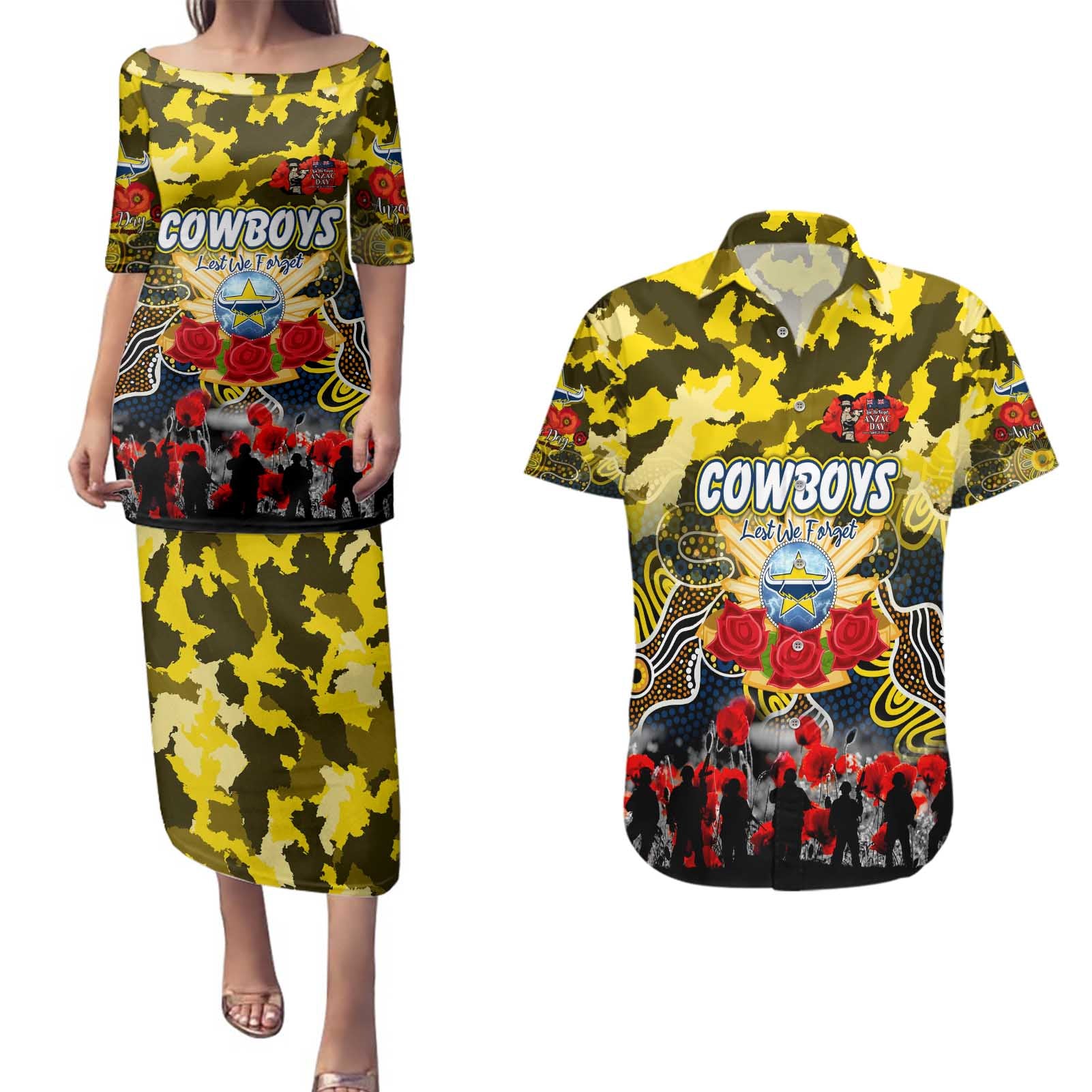 Personalized Cowboys ANZAC Day Couples Matching Puletasi and Hawaiian Shirt Australian Army - Lest We Forget