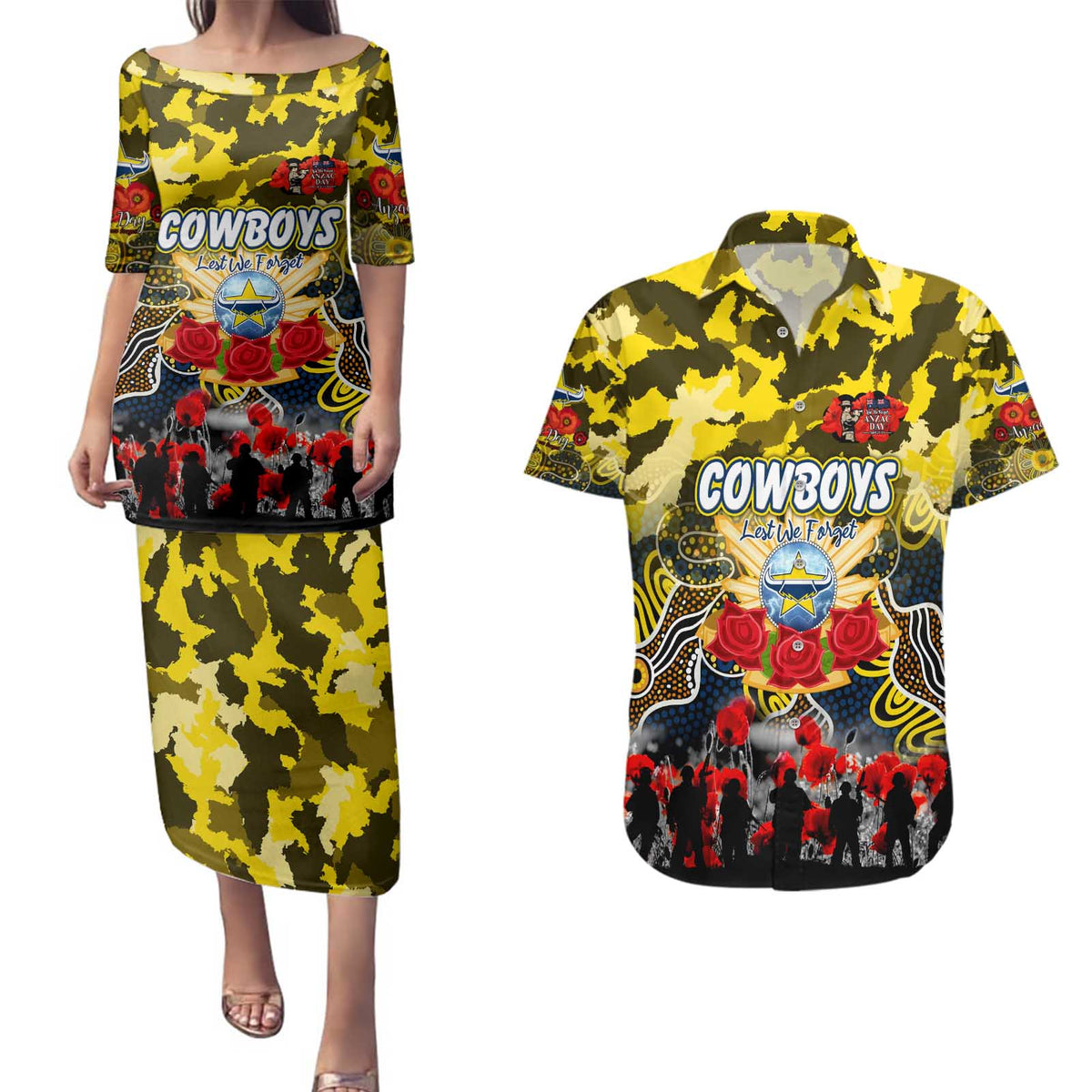 Personalized Cowboys ANZAC Day Couples Matching Puletasi and Hawaiian Shirt Australian Army - Lest We Forget