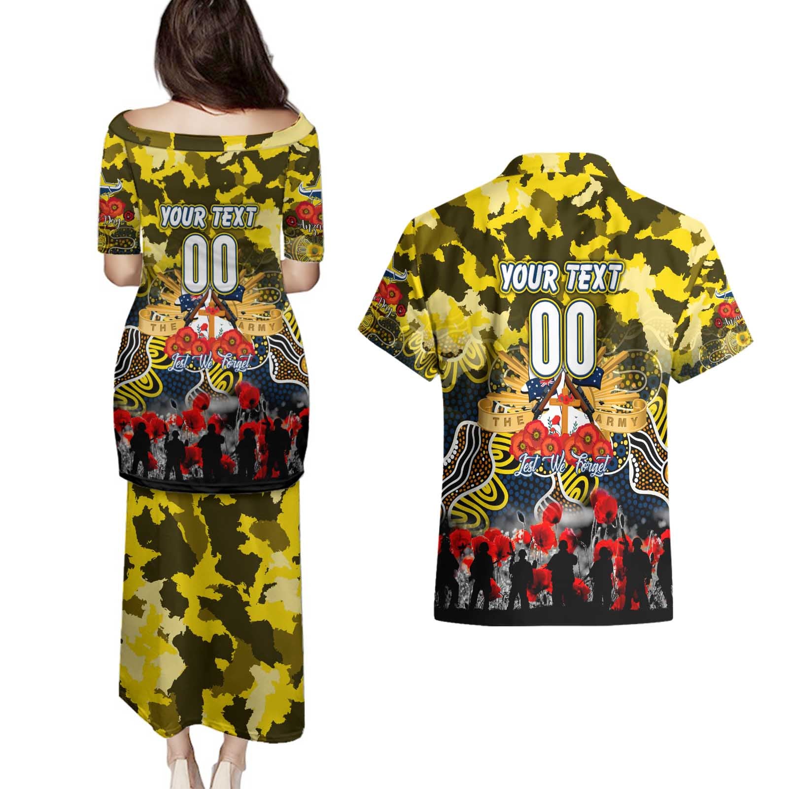 Personalized Cowboys ANZAC Day Couples Matching Puletasi and Hawaiian Shirt Australian Army - Lest We Forget
