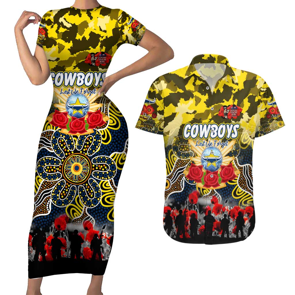 Personalized Cowboys ANZAC Day Couples Matching Short Sleeve Bodycon Dress and Hawaiian Shirt Australian Army - Lest We Forget