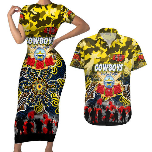 Personalized Cowboys ANZAC Day Couples Matching Short Sleeve Bodycon Dress and Hawaiian Shirt Australian Army - Lest We Forget