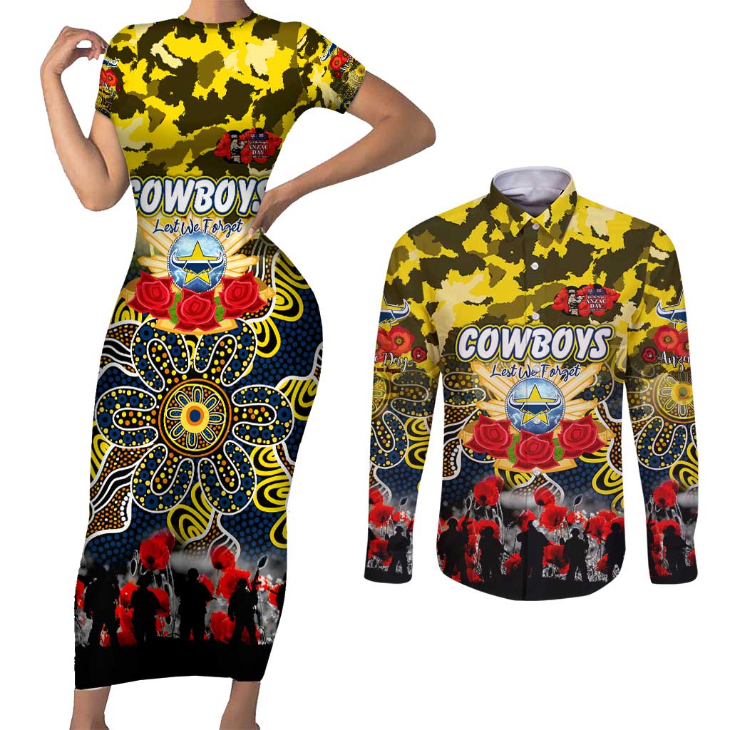 Personalized Cowboys ANZAC Day Couples Matching Short Sleeve Bodycon Dress and Long Sleeve Button Shirt Australian Army - Lest We Forget