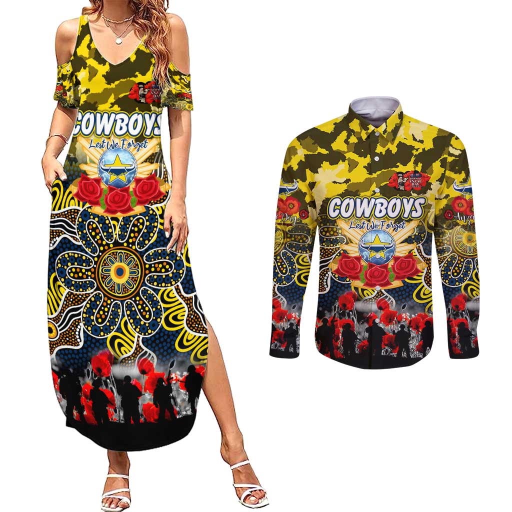 Personalized Cowboys ANZAC Day Couples Matching Summer Maxi Dress and Long Sleeve Button Shirt Australian Army - Lest We Forget