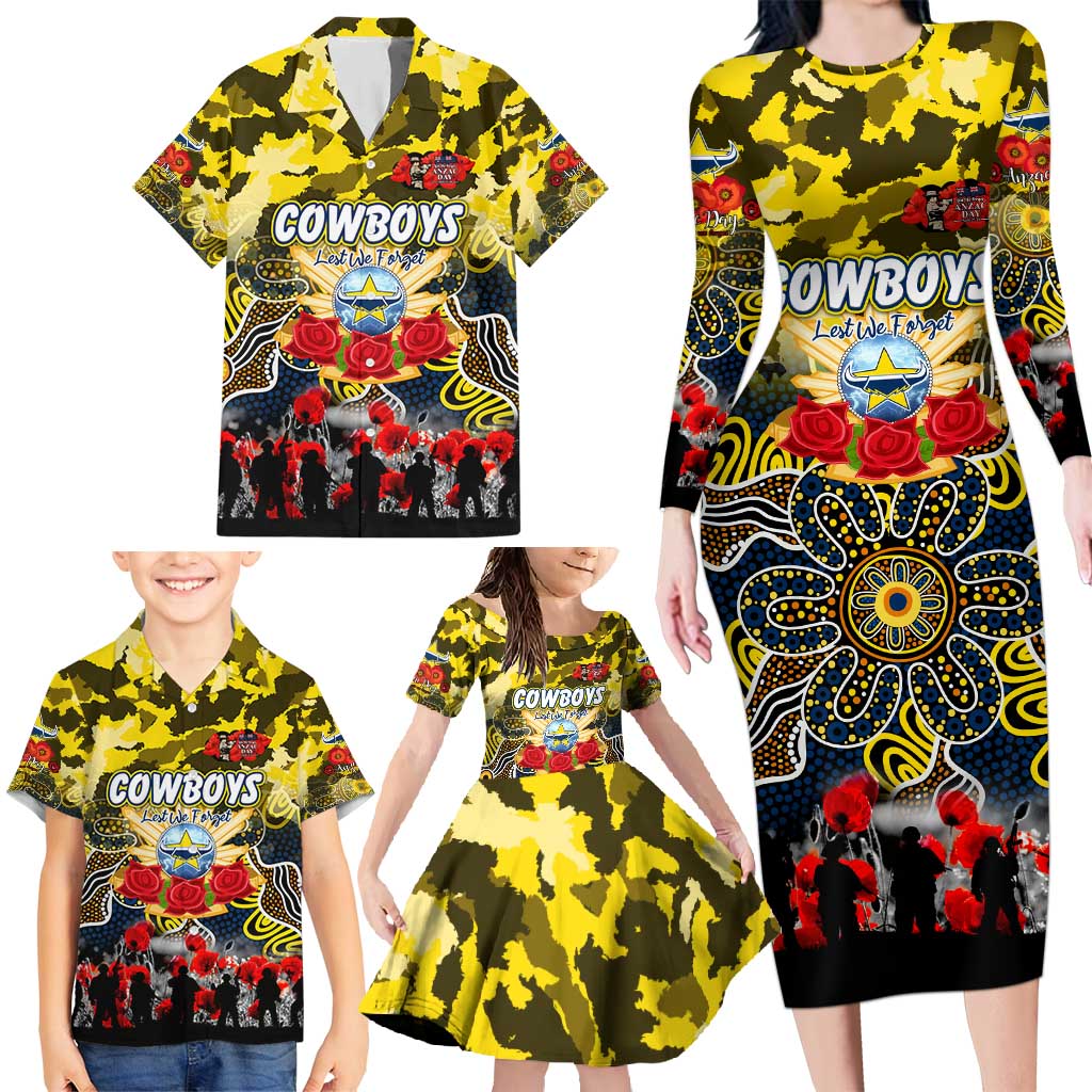 Personalized Cowboys ANZAC Day Family Matching Long Sleeve Bodycon Dress and Hawaiian Shirt Australian Army - Lest We Forget