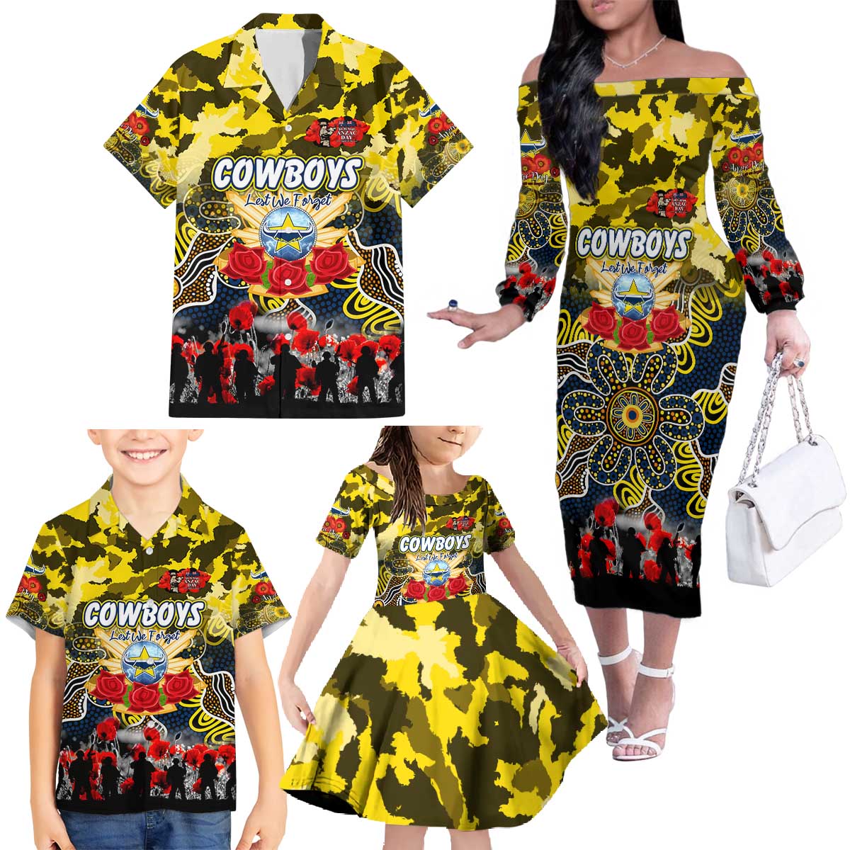 Personalized Cowboys ANZAC Day Family Matching Off The Shoulder Long Sleeve Dress and Hawaiian Shirt Australian Army - Lest We Forget