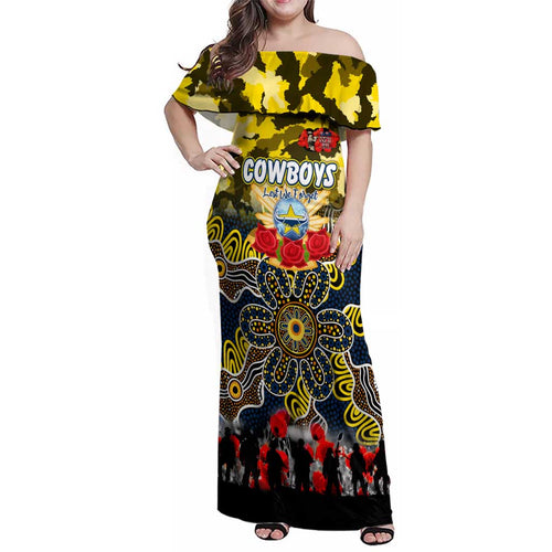 Personalized Cowboys ANZAC Day Family Matching Off Shoulder Maxi Dress and Hawaiian Shirt Australian Army - Lest We Forget