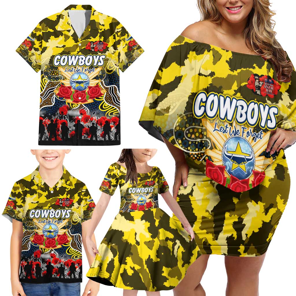 Personalized Cowboys ANZAC Day Family Matching Off Shoulder Short Dress and Hawaiian Shirt Australian Army - Lest We Forget