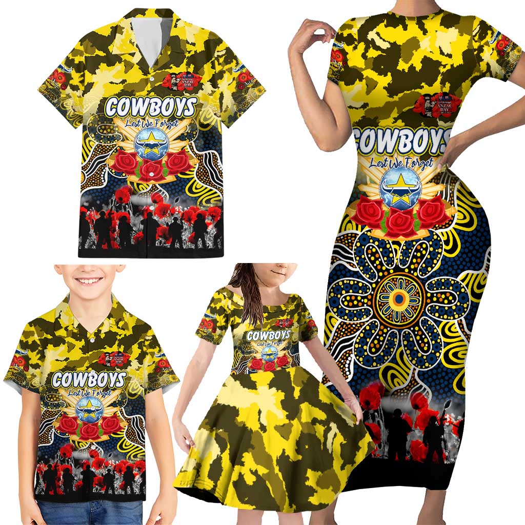 Personalized Cowboys ANZAC Day Family Matching Short Sleeve Bodycon Dress and Hawaiian Shirt Australian Army - Lest We Forget