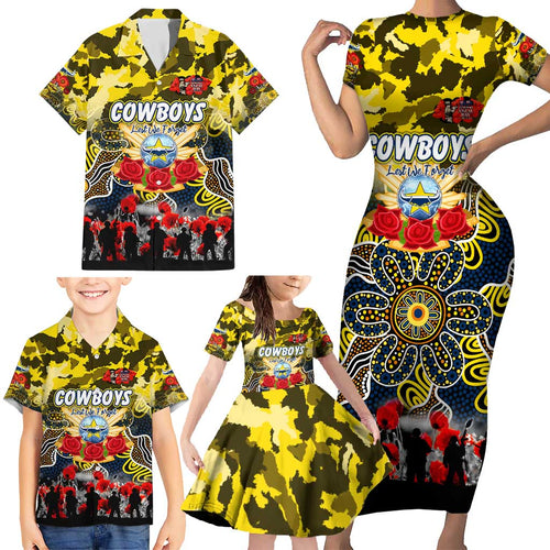 Personalized Cowboys ANZAC Day Family Matching Short Sleeve Bodycon Dress and Hawaiian Shirt Australian Army - Lest We Forget