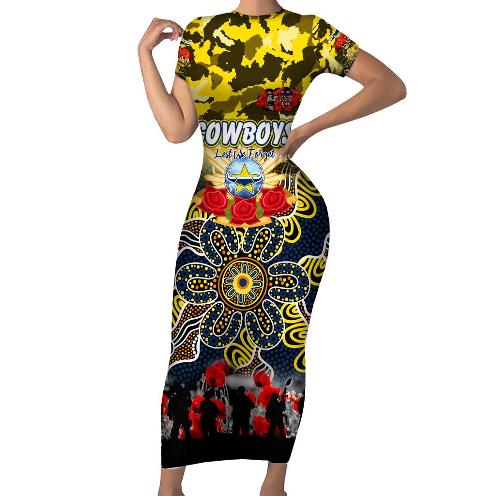 Personalized Cowboys ANZAC Day Family Matching Short Sleeve Bodycon Dress and Hawaiian Shirt Australian Army - Lest We Forget