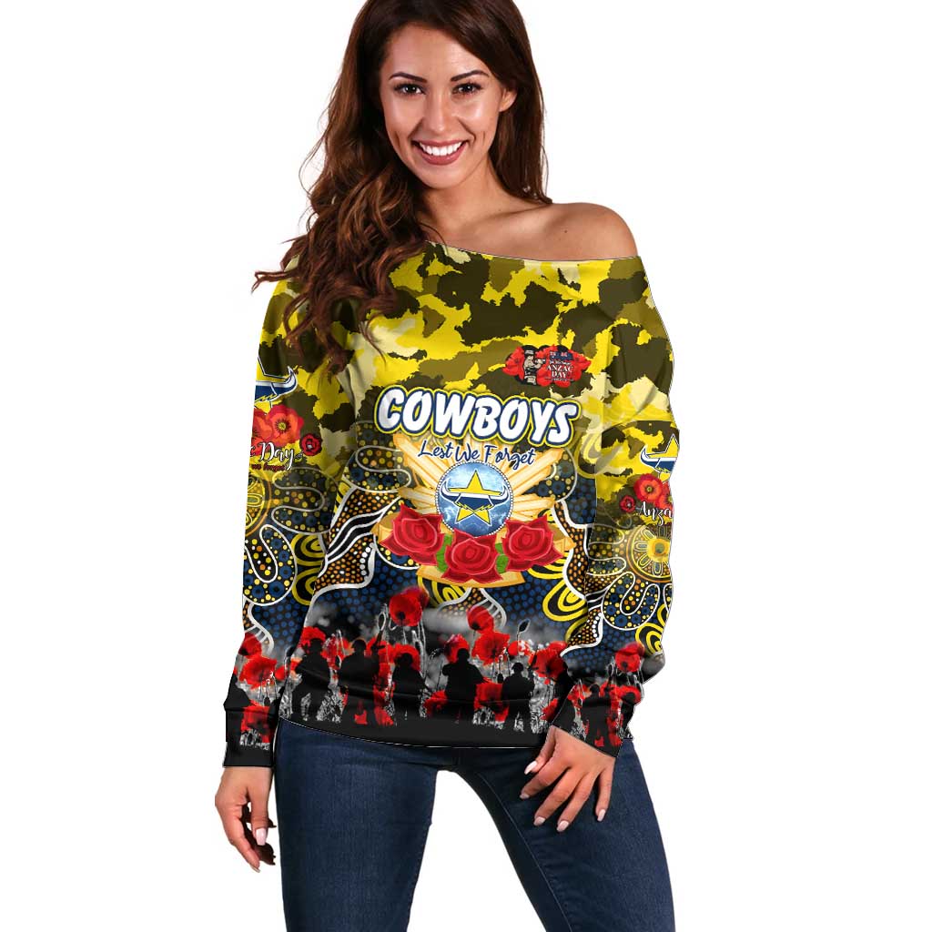 Personalized Cowboys ANZAC Day Off Shoulder Sweater Australian Army - Lest We Forget