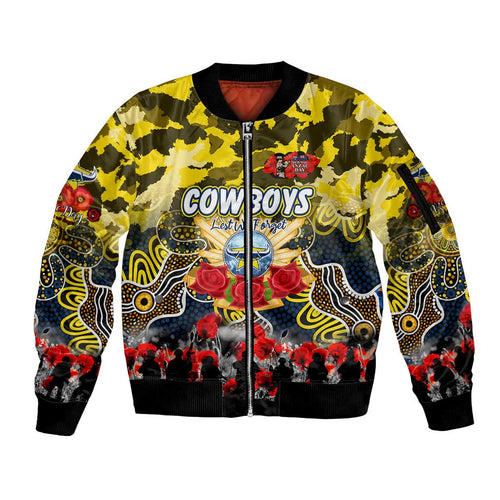Personalized Cowboys ANZAC Day Sleeve Zip Bomber Jacket Australian Army - Lest We Forget