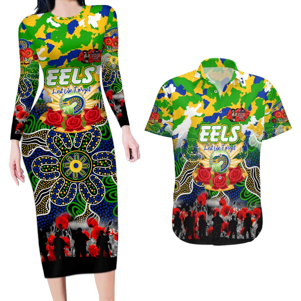 Personalized Eels ANZAC Day Couples Matching Long Sleeve Bodycon Dress and Hawaiian Shirt Australian Army - Lest We Forget