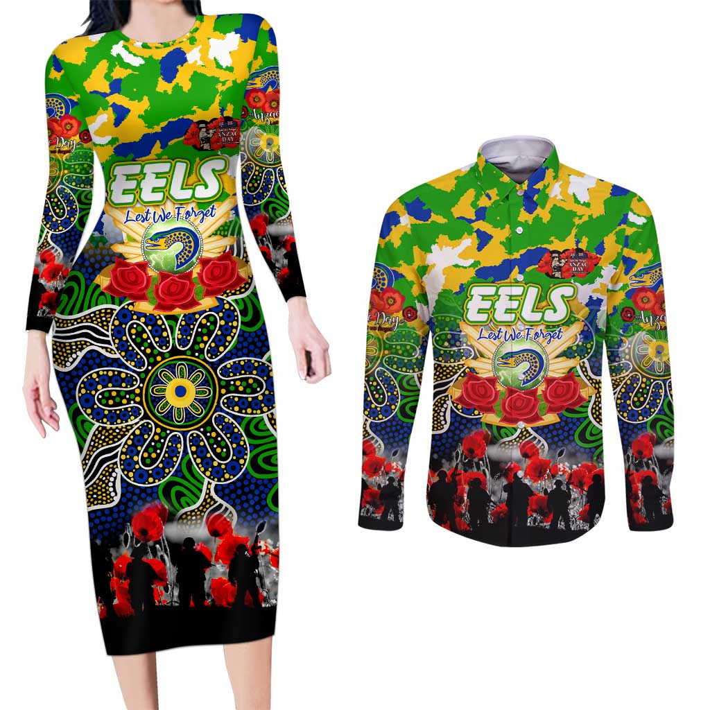 Personalized Eels ANZAC Day Couples Matching Long Sleeve Bodycon Dress and Long Sleeve Button Shirt Australian Army - Lest We Forget