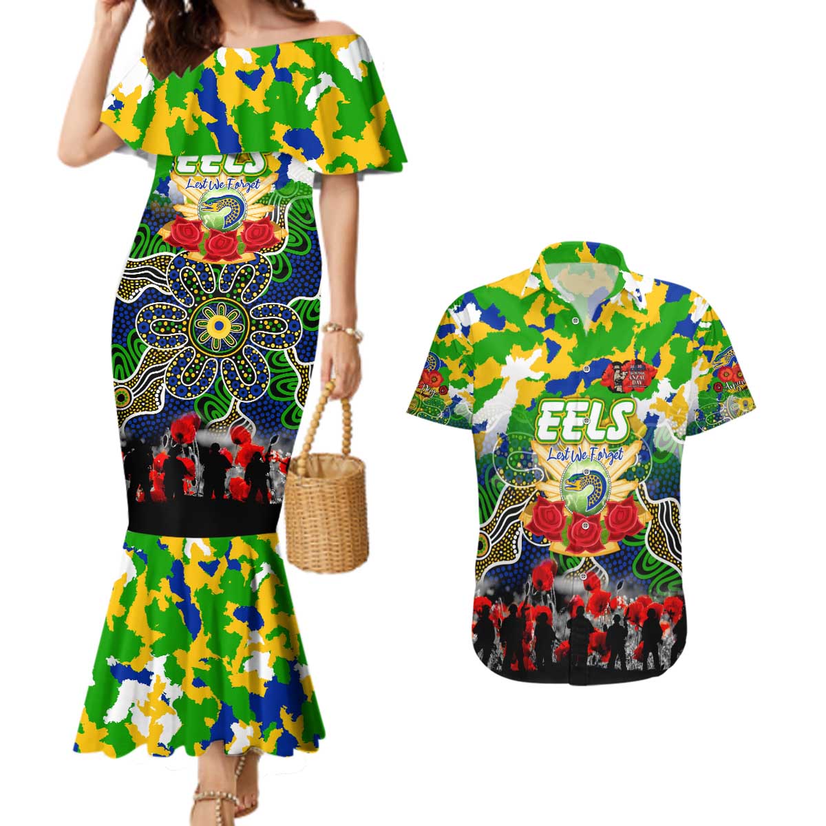 Personalized Eels ANZAC Day Couples Matching Mermaid Dress and Hawaiian Shirt Australian Army - Lest We Forget