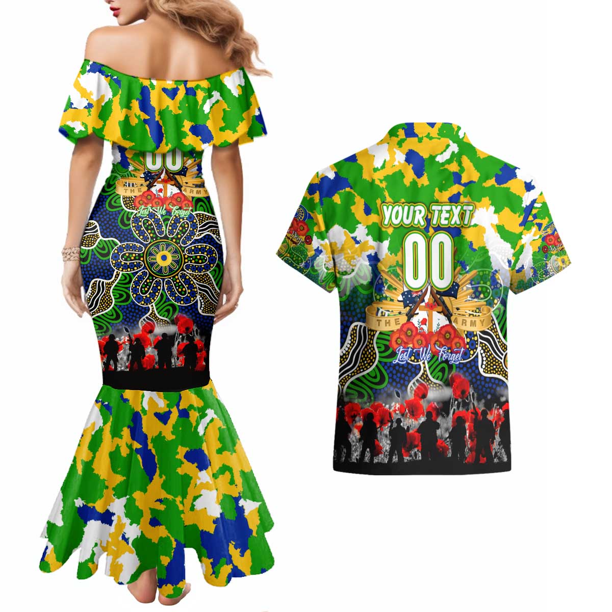 Personalized Eels ANZAC Day Couples Matching Mermaid Dress and Hawaiian Shirt Australian Army - Lest We Forget