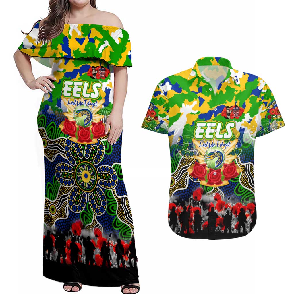 Personalized Eels ANZAC Day Couples Matching Off Shoulder Maxi Dress and Hawaiian Shirt Australian Army - Lest We Forget