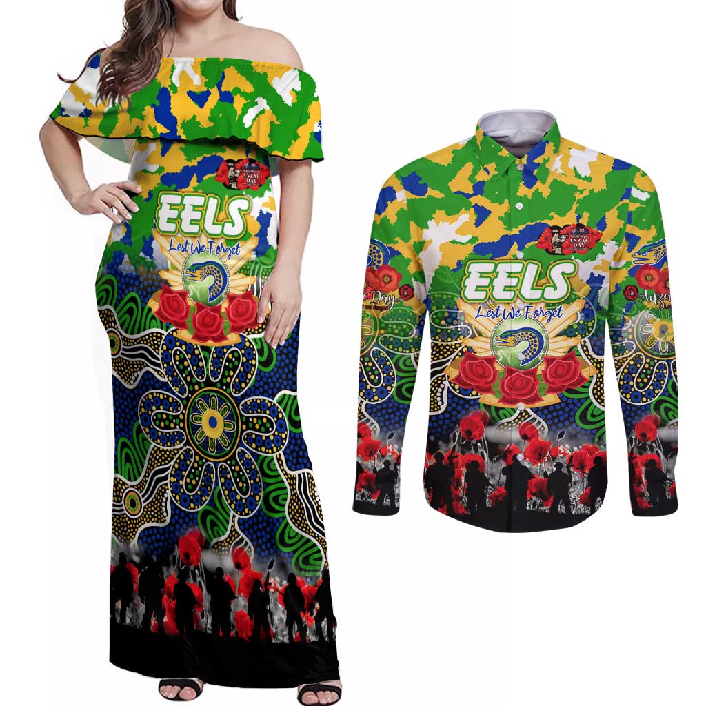 Personalized Eels ANZAC Day Couples Matching Off Shoulder Maxi Dress and Long Sleeve Button Shirt Australian Army - Lest We Forget