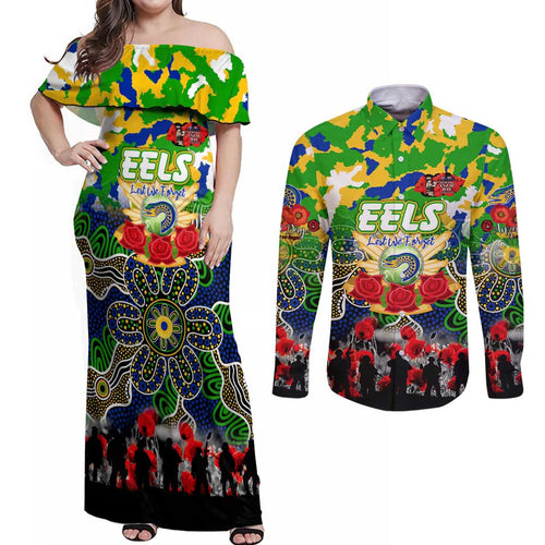 Personalized Eels ANZAC Day Couples Matching Off Shoulder Maxi Dress and Long Sleeve Button Shirt Australian Army - Lest We Forget