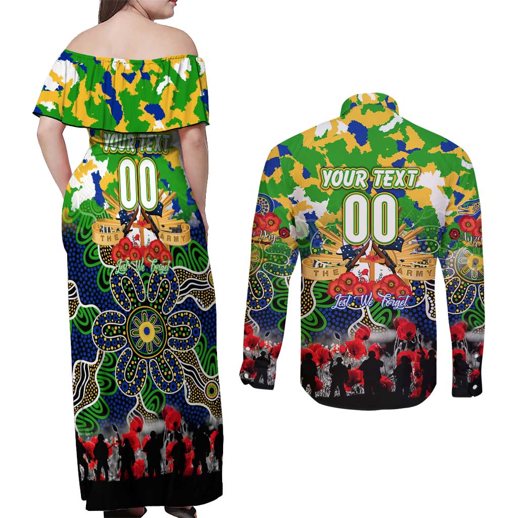 Personalized Eels ANZAC Day Couples Matching Off Shoulder Maxi Dress and Long Sleeve Button Shirt Australian Army - Lest We Forget
