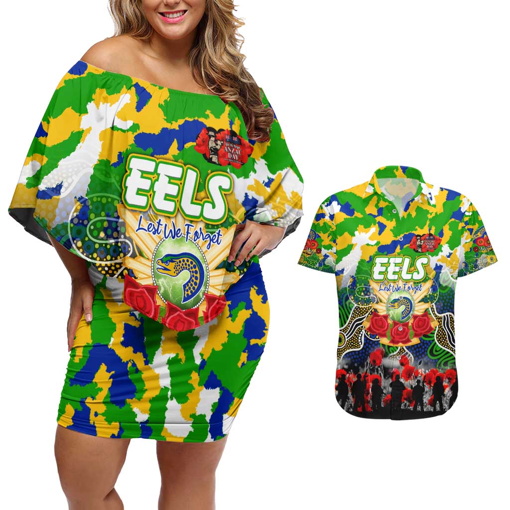 Personalized Eels ANZAC Day Couples Matching Off Shoulder Short Dress and Hawaiian Shirt Australian Army - Lest We Forget