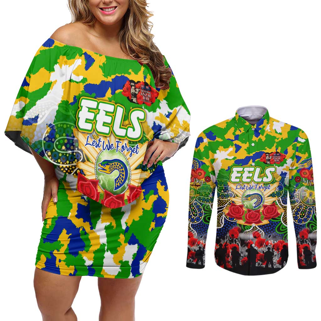 Personalized Eels ANZAC Day Couples Matching Off Shoulder Short Dress and Long Sleeve Button Shirt Australian Army - Lest We Forget