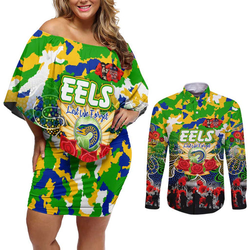 Personalized Eels ANZAC Day Couples Matching Off Shoulder Short Dress and Long Sleeve Button Shirt Australian Army - Lest We Forget