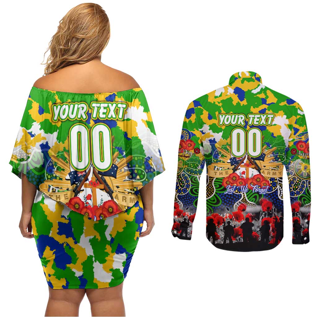 Personalized Eels ANZAC Day Couples Matching Off Shoulder Short Dress and Long Sleeve Button Shirt Australian Army - Lest We Forget
