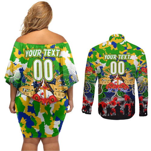 Personalized Eels ANZAC Day Couples Matching Off Shoulder Short Dress and Long Sleeve Button Shirt Australian Army - Lest We Forget