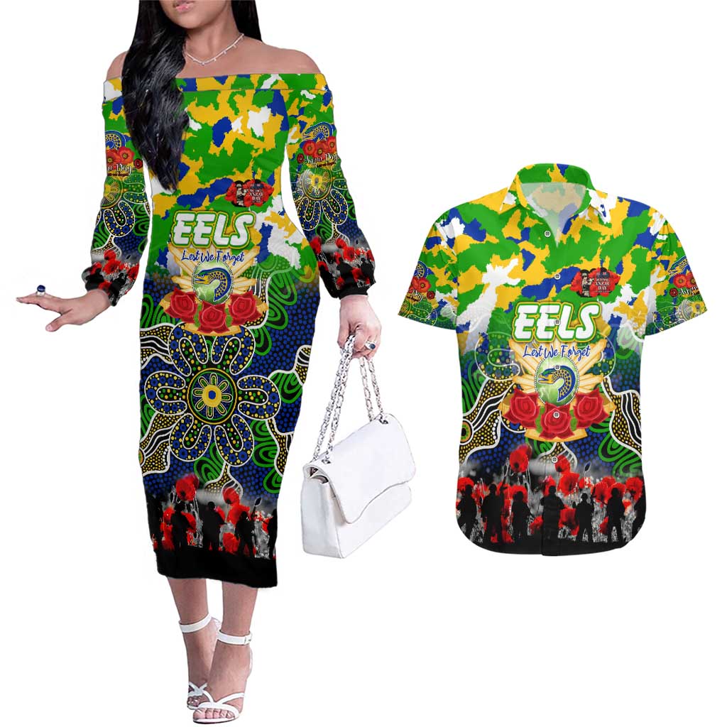 Personalized Eels ANZAC Day Couples Matching Off The Shoulder Long Sleeve Dress and Hawaiian Shirt Australian Army - Lest We Forget